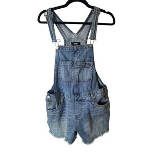 Vintage Mossimo Denim Overalls Shorts Frayed Hem Pockets Light Wash Size Small